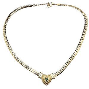 Womens Necklace Green Crystal Heart Gold Plated Choker Elegant Classic Design
